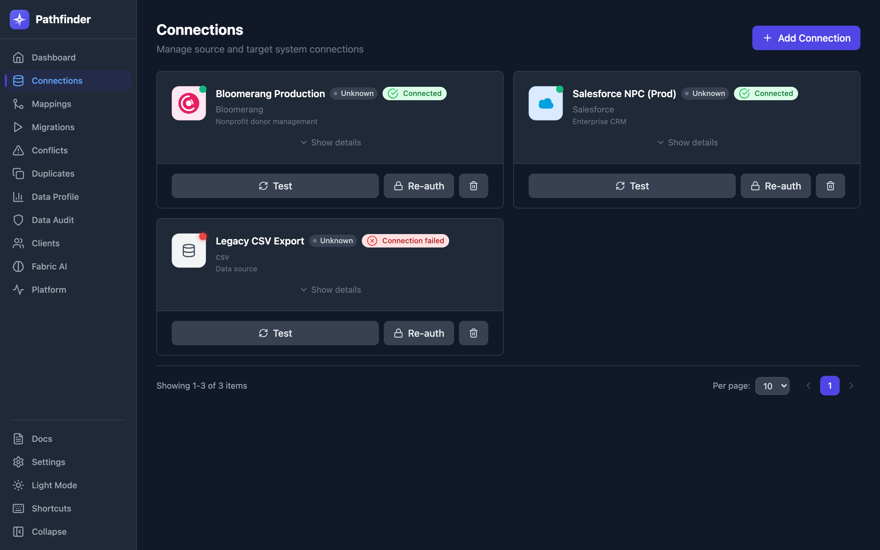Pathfinder showing connected Salesforce org with audit-ready status and multiple data sources