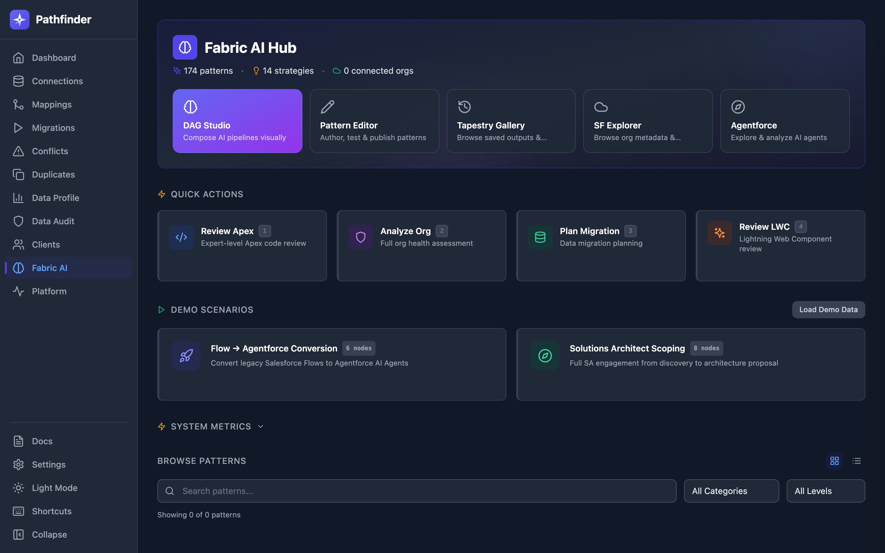Pathfinder platform showing Fabric AI Hub with 174 patterns, DAG pipeline studio, audit checks, and Salesforce connectors