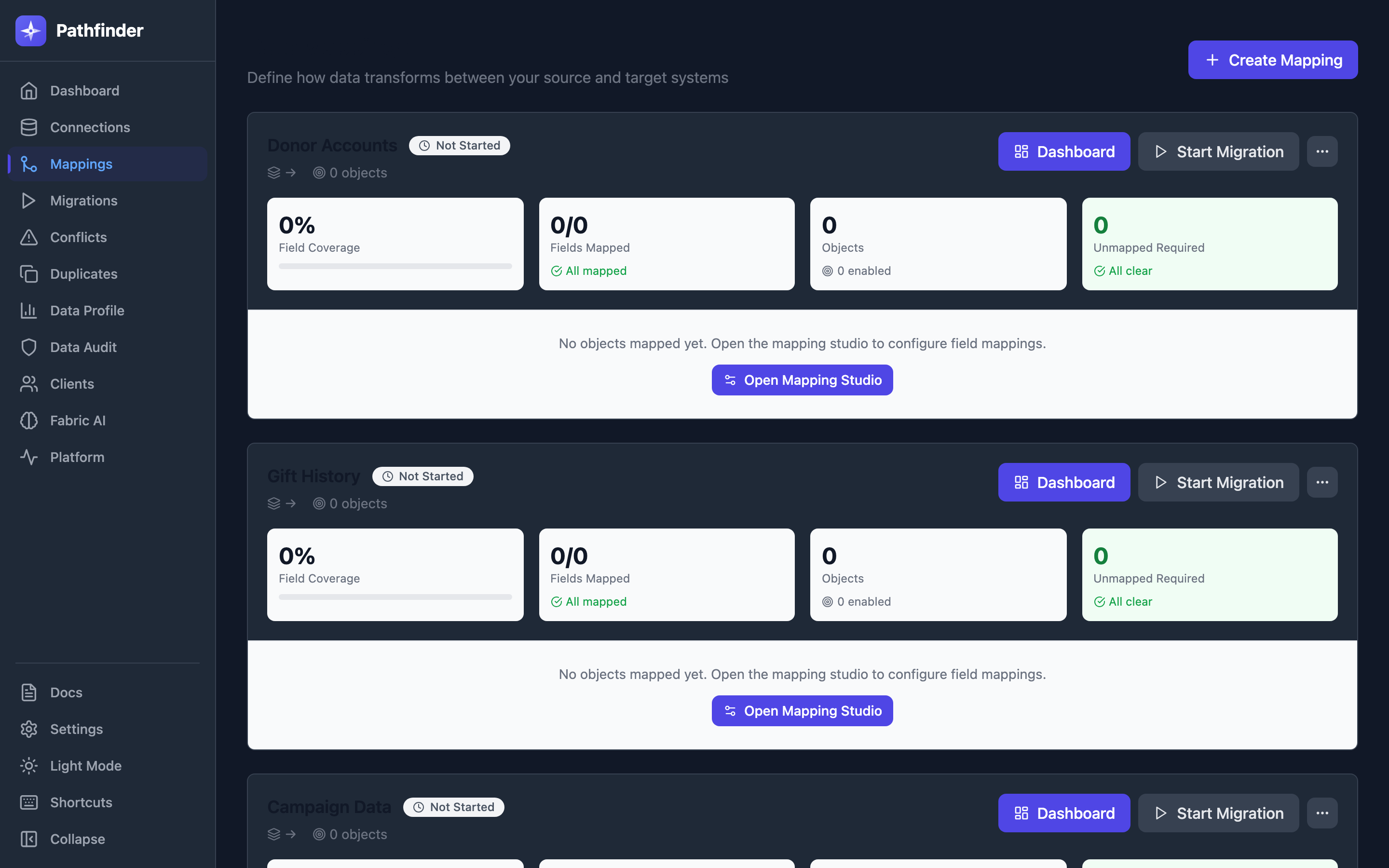 Mapping studio showing object mappings with field coverage percentages, quality scores, and transform expressions